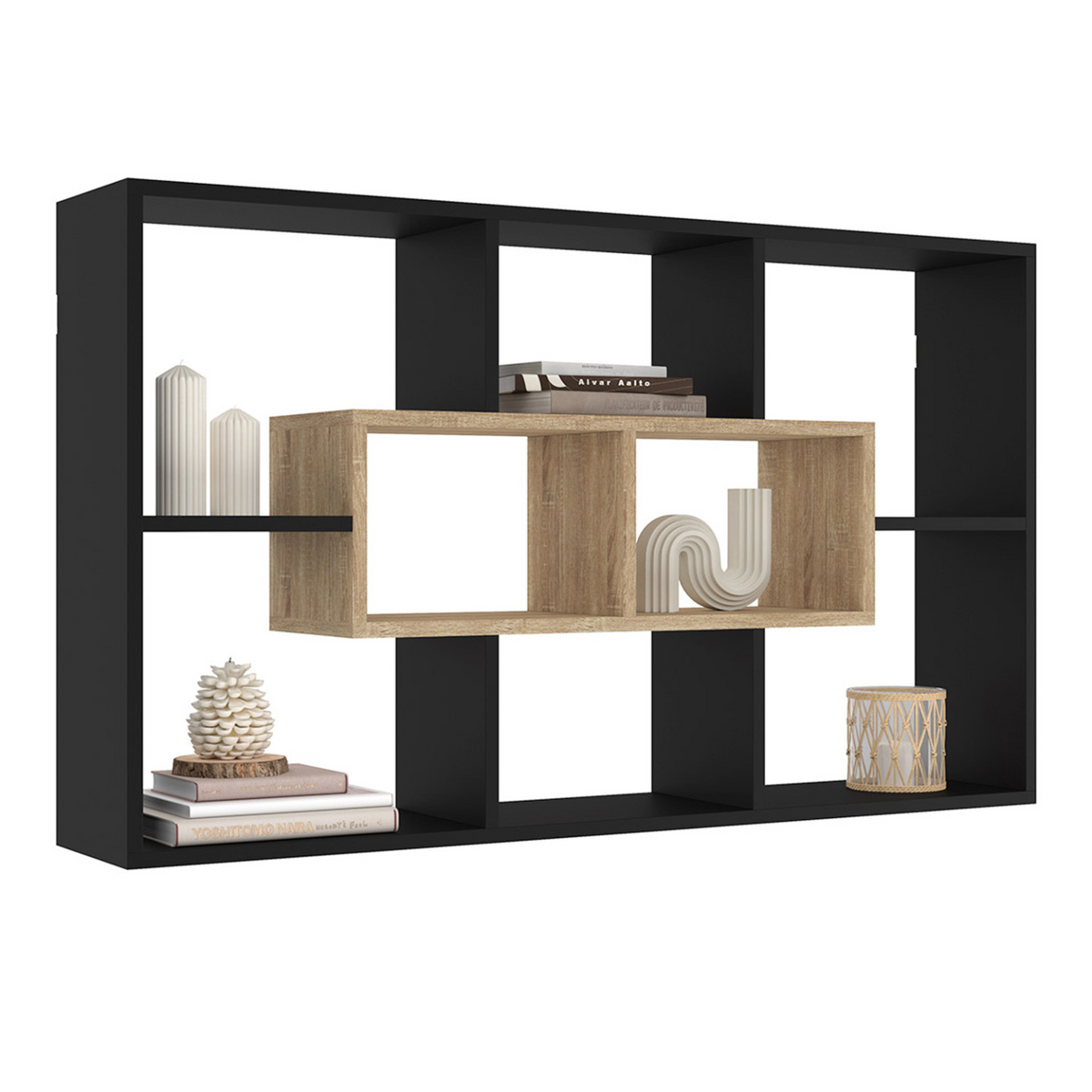 Étagère murale COLETTE avec 8 compartiments, noir et effet bois