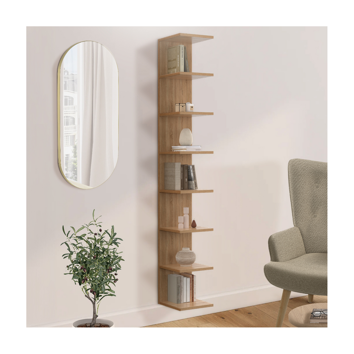 Étagère murale suspendue double position CHIARA 8 tablettes décor hêtre 190 cm