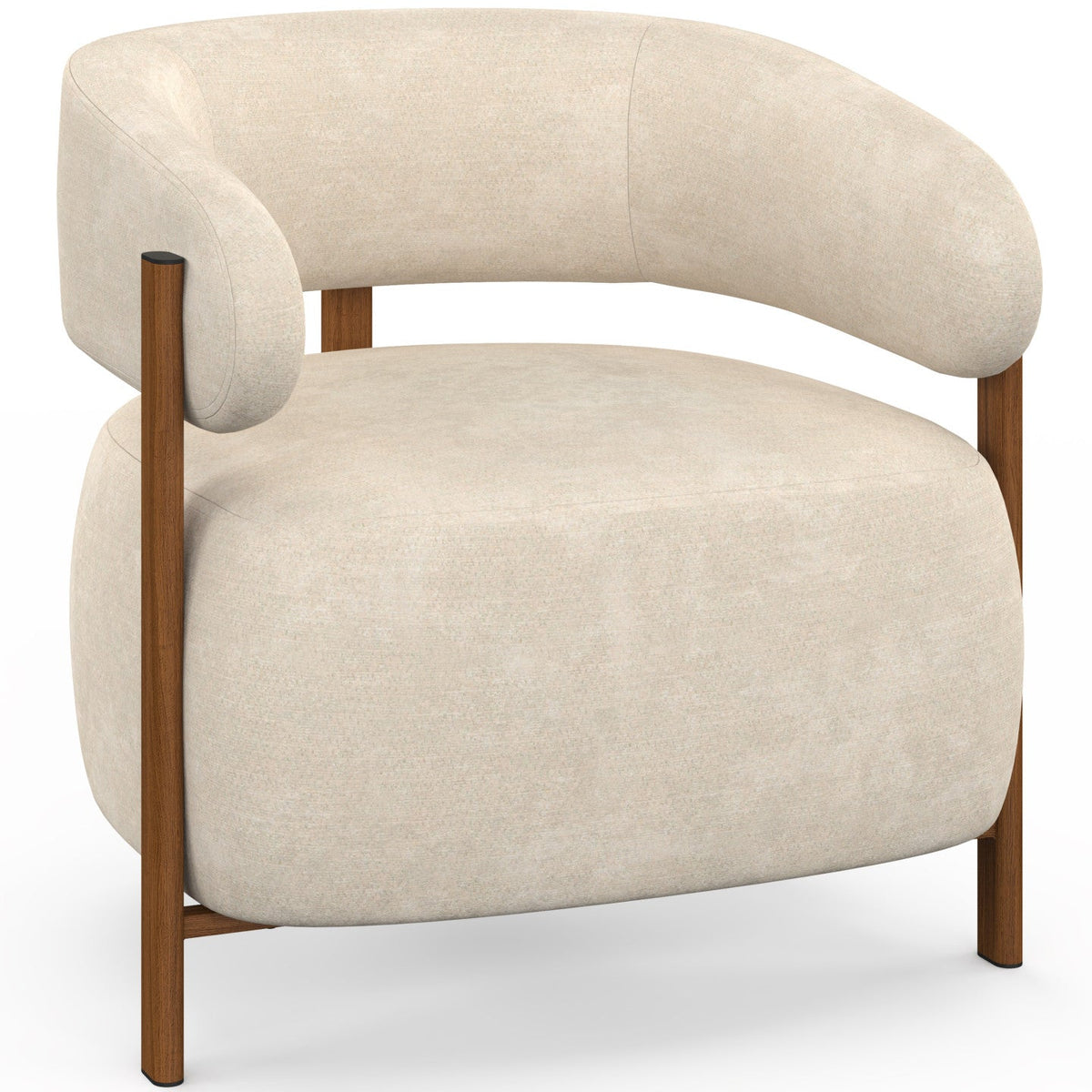 Fauteuil ALBERT en tissu chenillé beige et pieds effet noyer