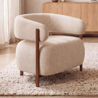 Fauteuil ALBERT en tissu chenillé beige et pieds effet noyer