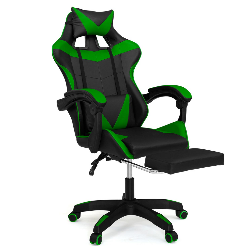 Fauteuil de gaming réglable ALEX avec repose-pied, coussin de tête et coussin lombaire, noir et vert