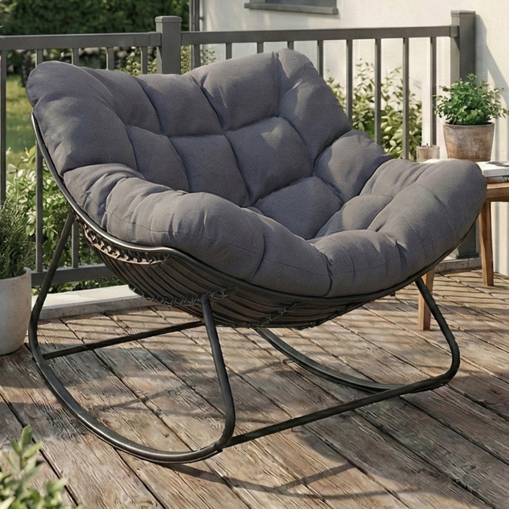 Fauteuil de jardin à bascule LOA effet rotin gris avec coussin gris