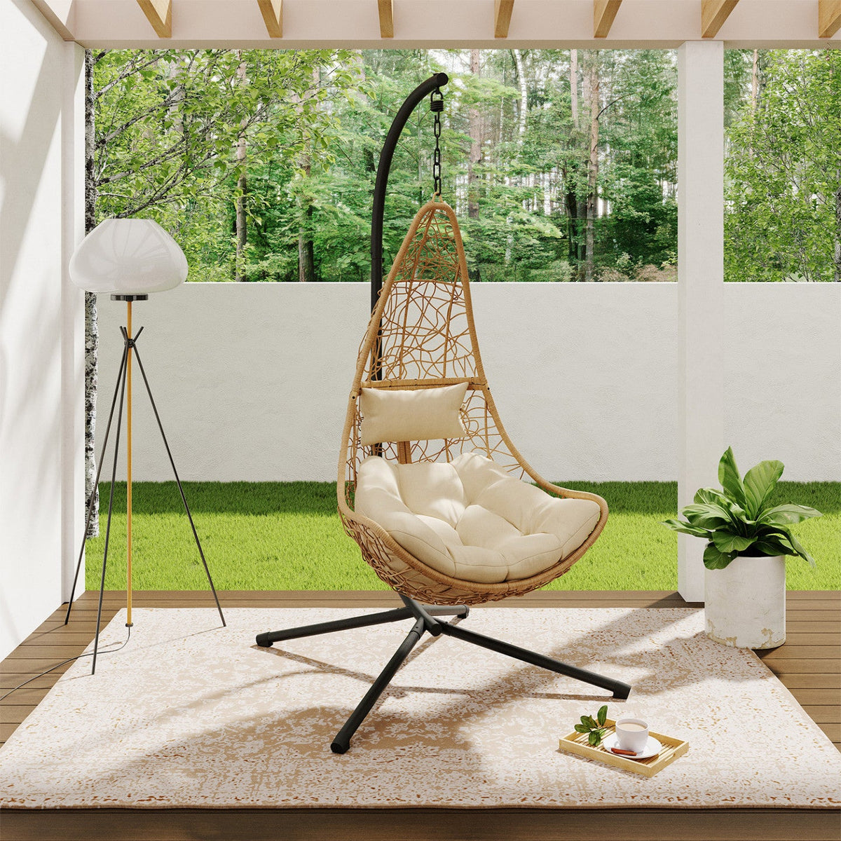 Fauteuil suspendu demi-lune ajouré effet rotin avec coussin écru