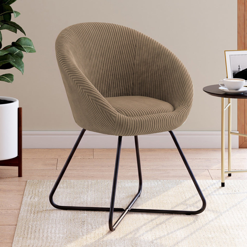 Fauteuil œuf ANGELINA en velours côtelé taupe, pieds croisés noirs