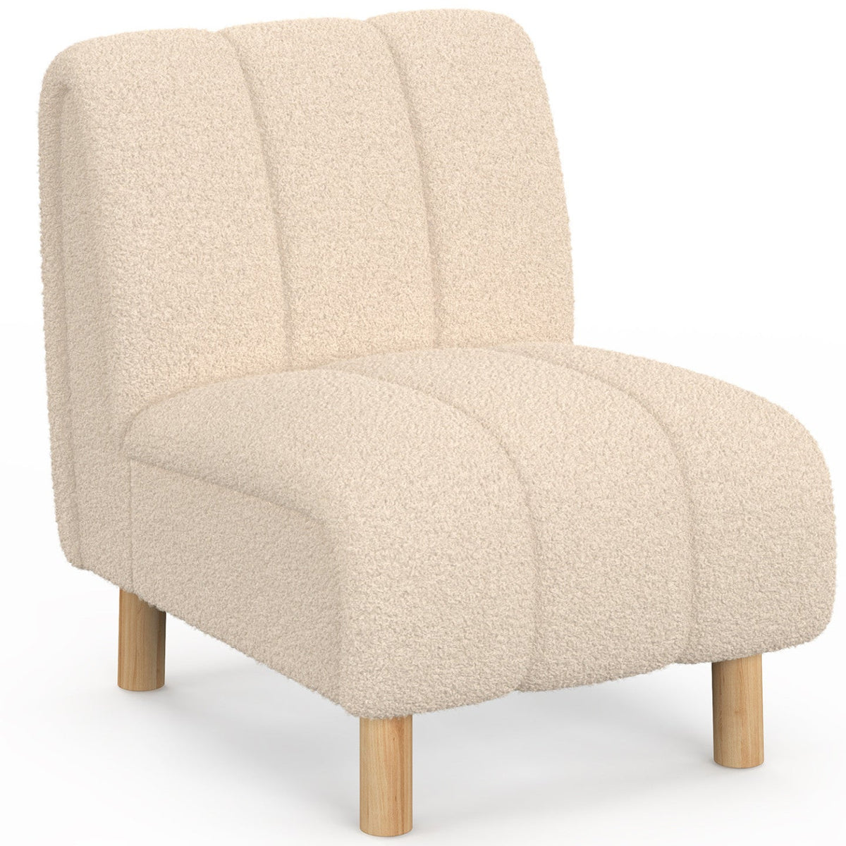 Fauteuil HECTOR en tissu bouclette beige avec pieds arrondis effet bois
