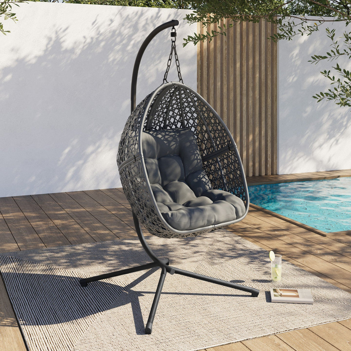 Fauteuil lune suspendu ajouré effet rotin avec coussin gris