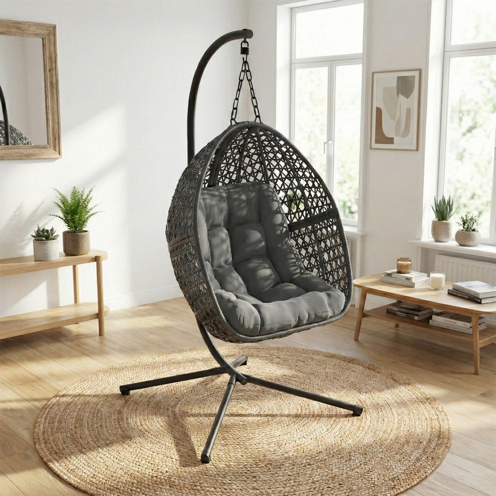 Fauteuil lune suspendu ajouré effet rotin avec coussin gris