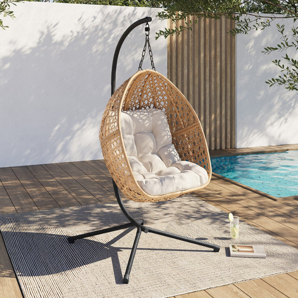 Fauteuil lune suspendu ajouré effet rotin avec coussin écru