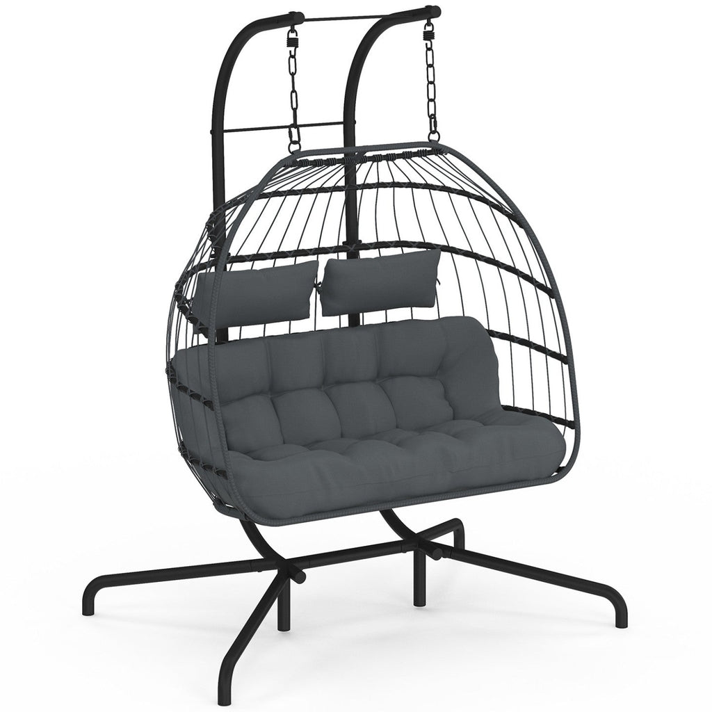 Fauteuil œuf suspendu ajouré 2 places effet rotin gris avec coussin gris