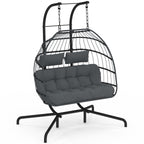 Fauteuil œuf suspendu ajouré 2 places effet rotin gris avec coussin gris