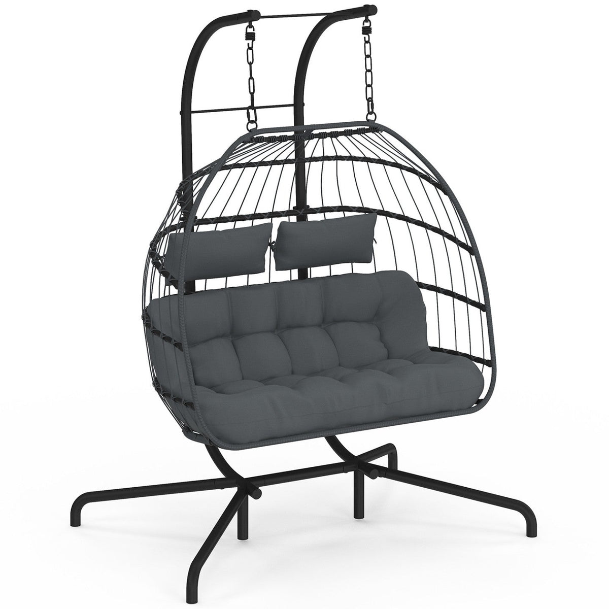 Fauteuil œuf suspendu ajouré 2 places effet rotin gris avec coussin gris