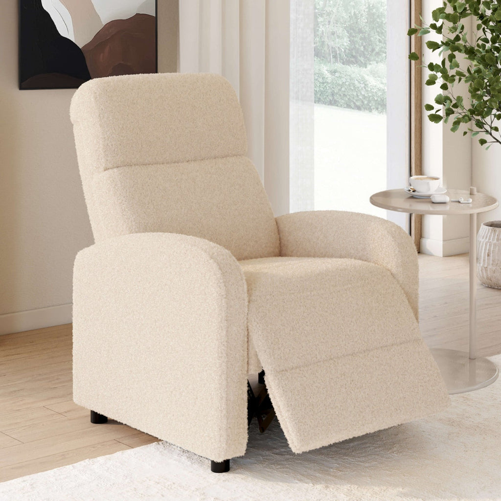 Fauteuil relax CALEB en tissu bouclette beige avec dossier inclinable et repose-pieds