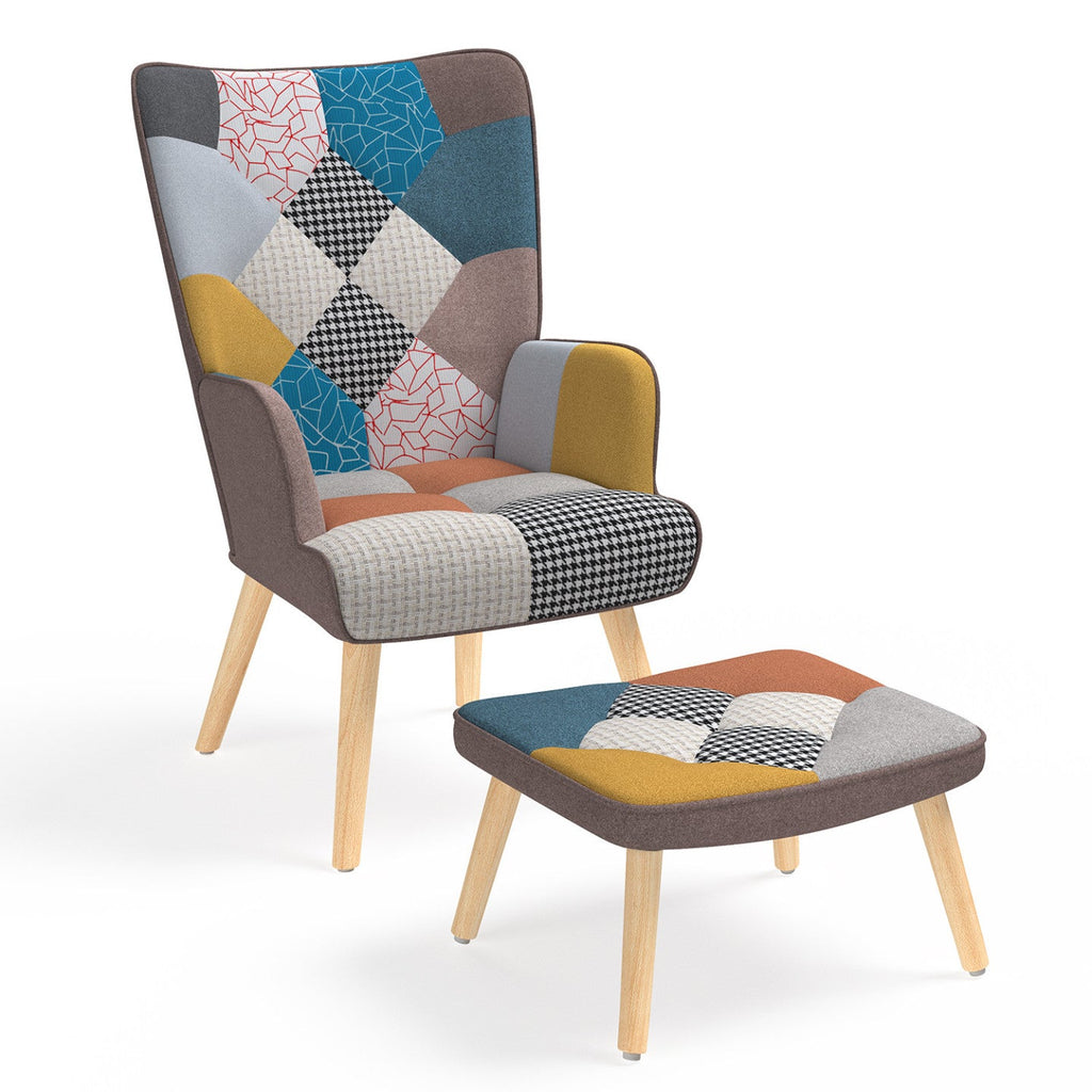 Fauteuil scandinave IVAR avec repose-pieds en tissu patchwork multicolore