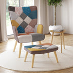 Fauteuil scandinave IVAR avec repose-pieds en tissu patchwork multicolore