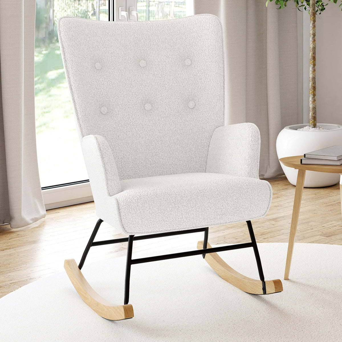 Fauteuil à bascule scandinave IVAR en tissu bouclette blanc