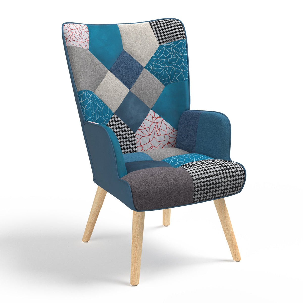 Fauteuil scandinave IVAR en tissu patchwork et velours bleu