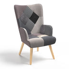 Fauteuil scandinave IVAR en tissu patchwork noir, gris et blanc