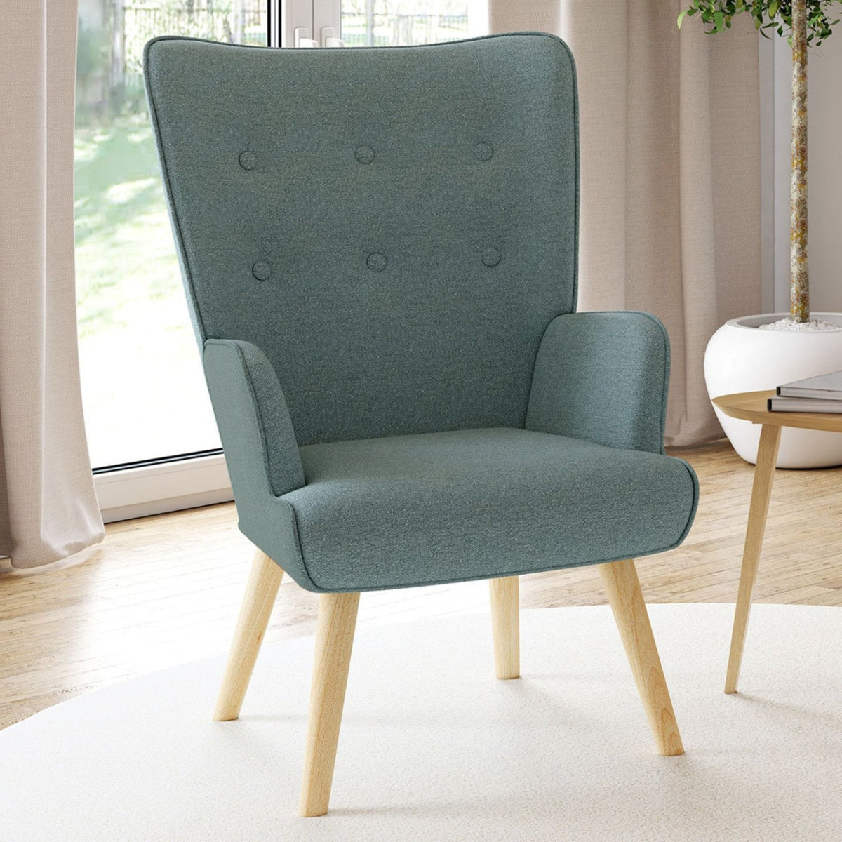 Fauteuil scandinave IVAR en tissu vert eucalyptus