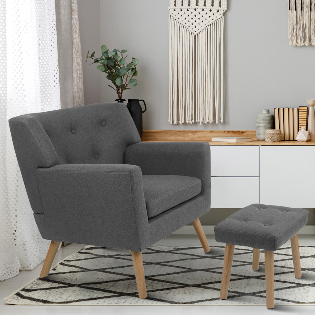 Fauteuil scandinave LIV avec repose-pieds en tissu gris anthracite