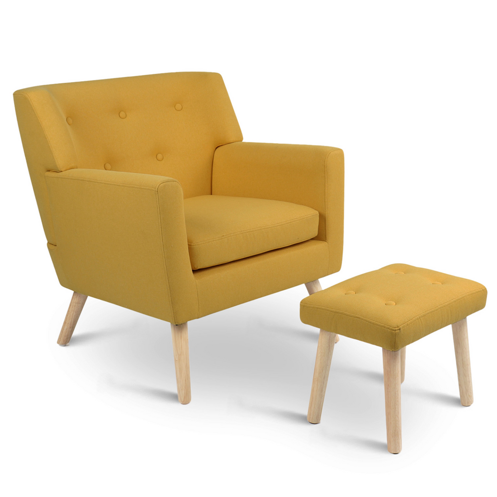 Fauteuil scandinave LIV avec repose-pieds en tissu jaune