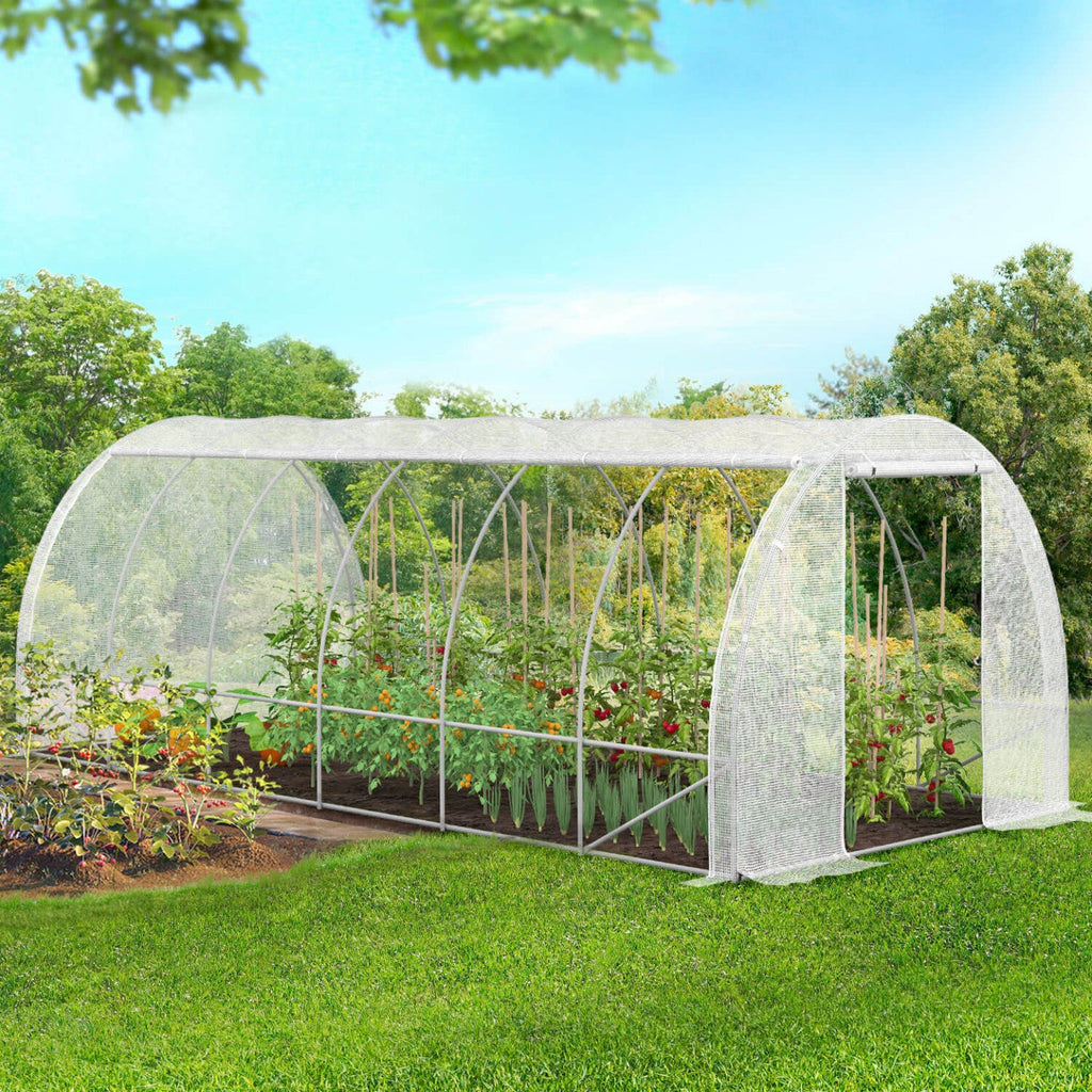 Serre de jardin tunnel 18 m² 6 x 3 x 2 m acier galvanisé + bâche anti-UV avec porte et fenêtres CRIMÉE blanche toutes saisons