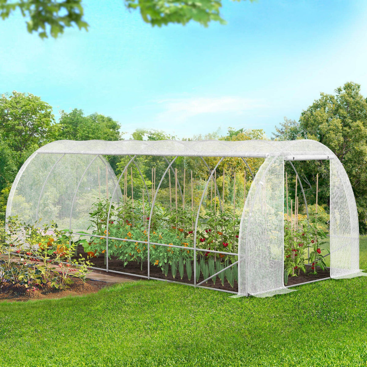 Serre de jardin tunnel 18 m² 6 x 3 x 2 m acier galvanisé + bâche anti-UV avec porte et fenêtres CRIMÉE blanche toutes saisons