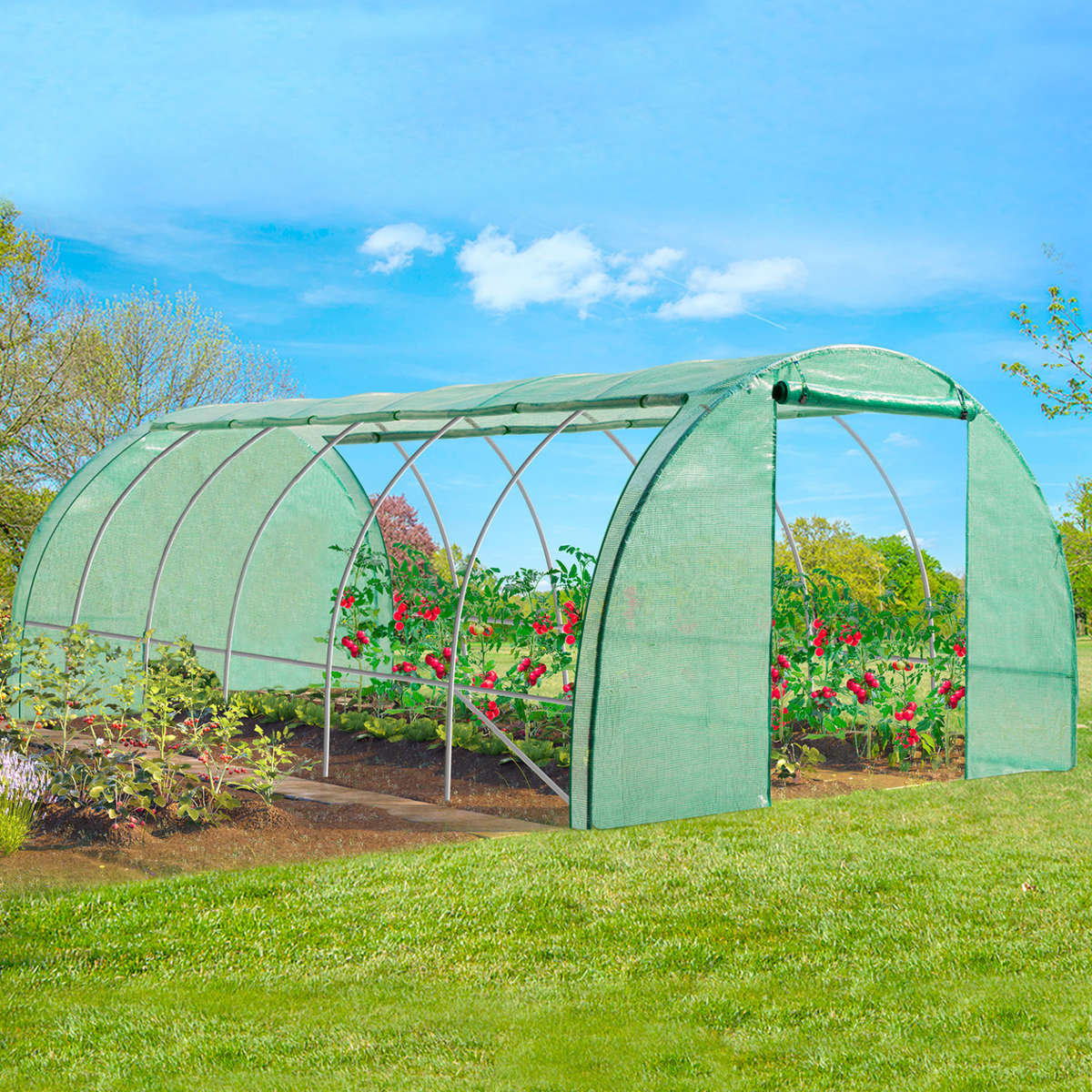 Serre de jardin tunnel 18 m² 6 x 3 x 2 m en acier galvanisé + bâche anti-UV avec porte et fenêtres CRIMÉE verte toutes saisons
