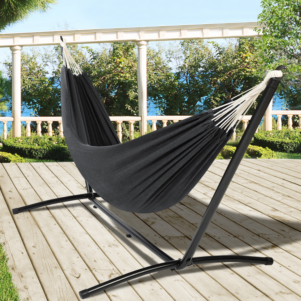 Hamac avec support en métal noir et toile gris anthracite