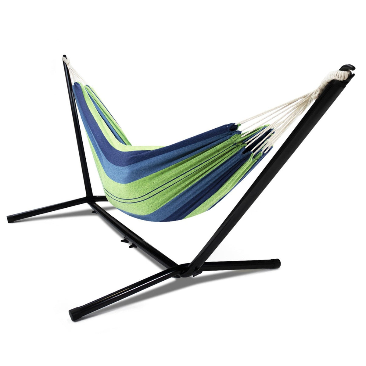 Hamac avec support en métal noir et toile rayée bleue et verte