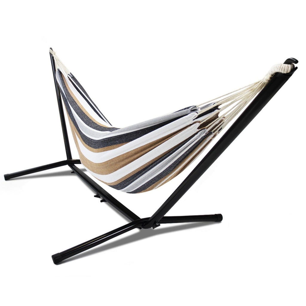 Hamac avec support en métal noir et toile rayée noire, blanche et chocolat