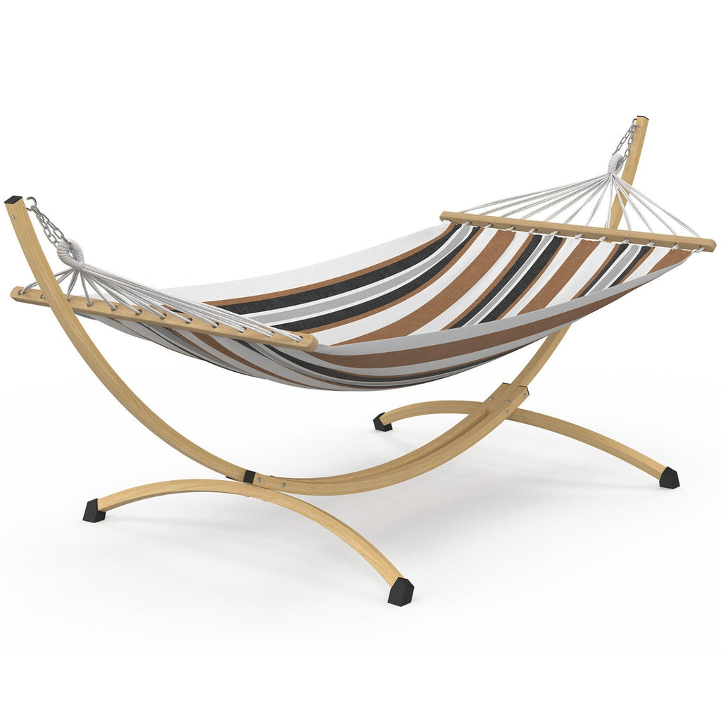 Hamac XL avec support en métal effet bois et toile rayée noire, blanche et chocolat