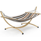 Hamac XL avec support en métal effet bois et toile rayée noire, blanche et chocolat