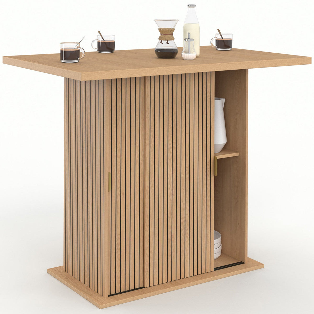 Îlot central 4 personnes JULIETTE 110 cm pied central avec rangement effet lattes tasseaux bois