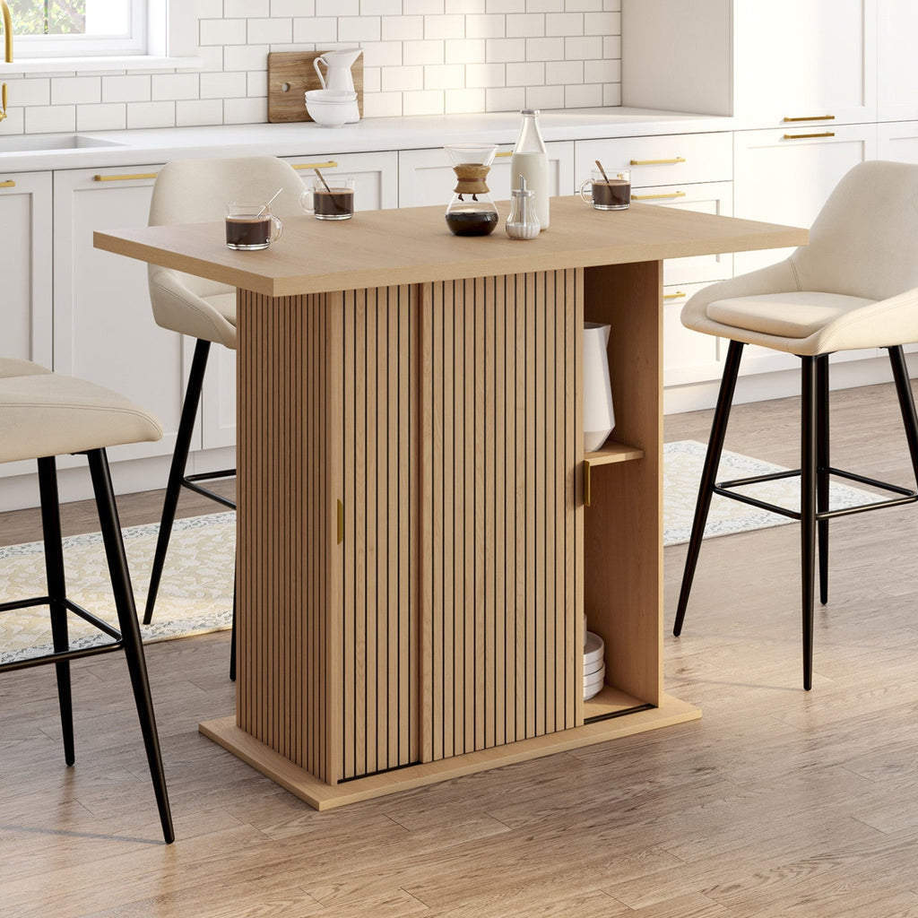 Îlot central 4 personnes JULIETTE 110 cm pied central avec rangement effet lattes tasseaux bois