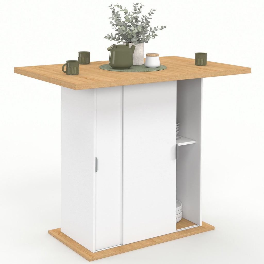 Îlot central 4 personnes PAXTON 110 cm à pied central avec rangement blanc et bois, avec plan de travail façon hêtre