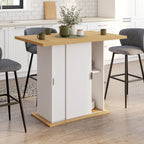 Îlot central 4 personnes PAXTON 110 cm à pied central avec rangement blanc et bois, avec plan de travail façon hêtre