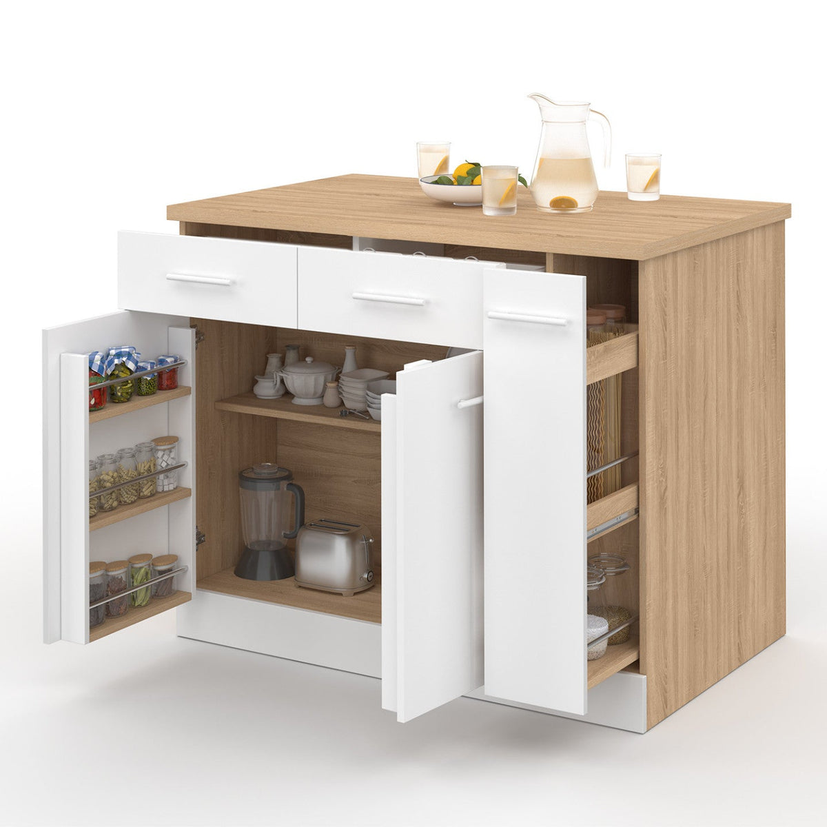 Îlot central ALTO avec portes et rangements, tiroirs, meuble coulissant, et plan de travail finition hêtre et blanc