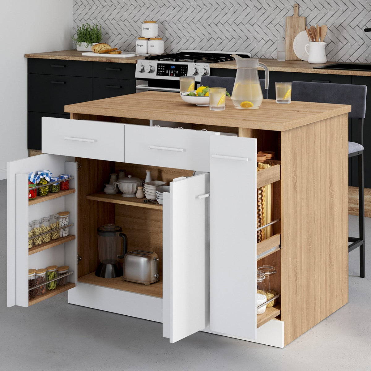 Îlot central ALTO avec portes et rangements, tiroirs, meuble coulissant, et plan de travail finition hêtre et blanc