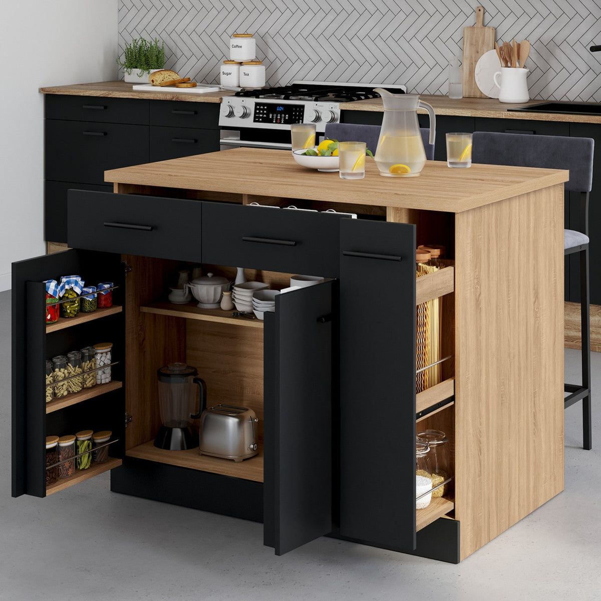 ALTO kitchen island with cabinet doors, drawers, pull-out storage, and beech and black-effect countertop