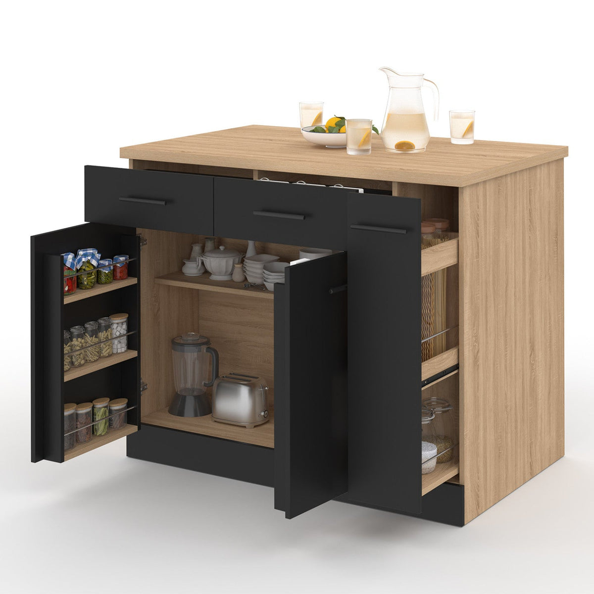 ALTO kitchen island with cabinet doors, drawers, pull-out storage, and beech and black-effect countertop