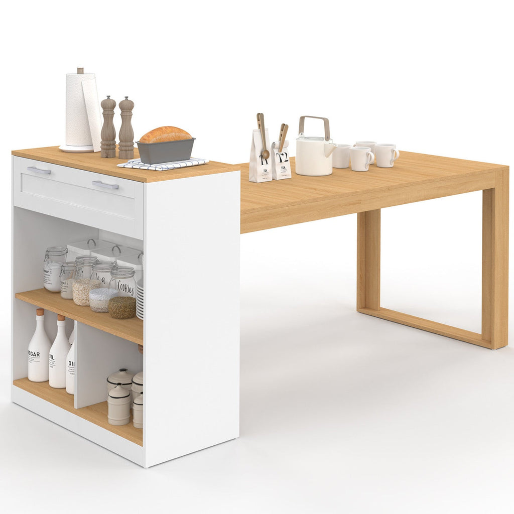 Îlot central avec table à manger 5 personnes GARY 190 cm blanc et plateau bois