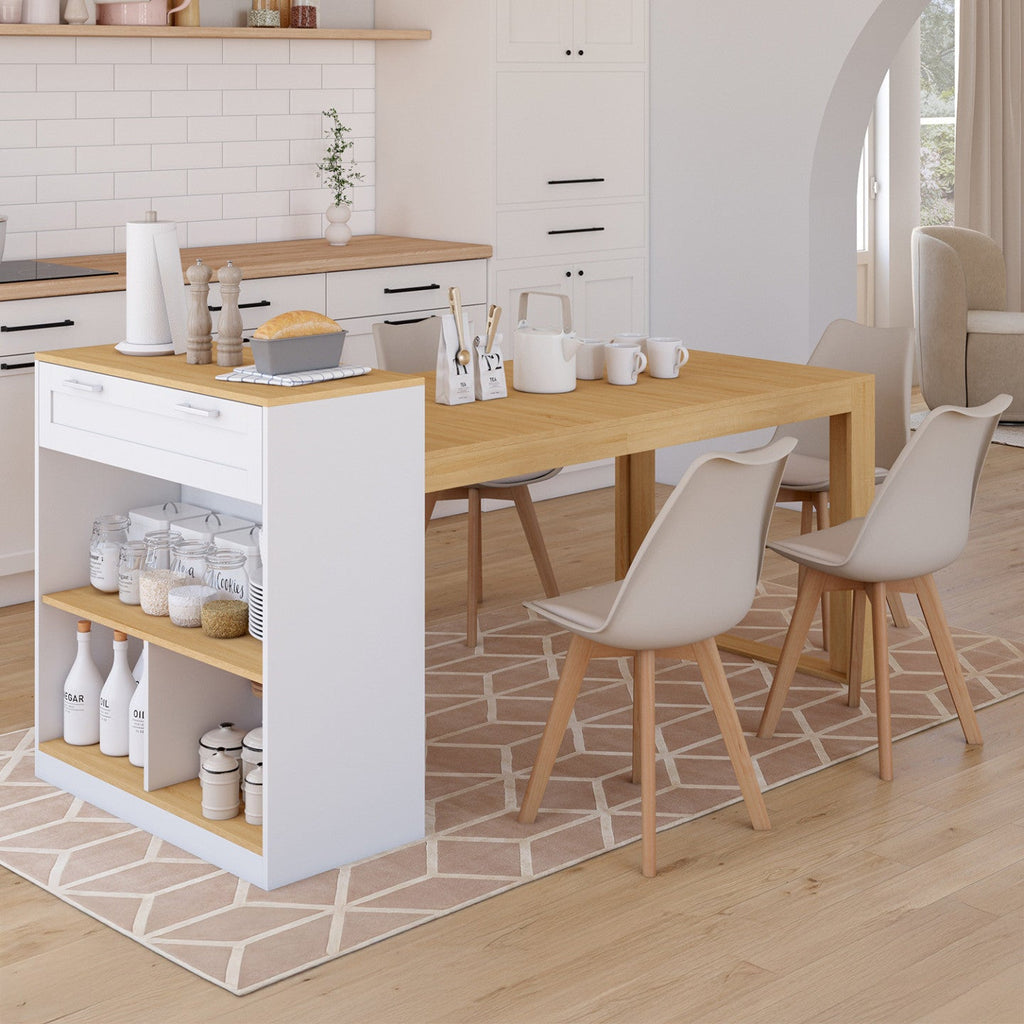 Îlot central avec table à manger 5 personnes GARY 190 cm blanc et plateau bois