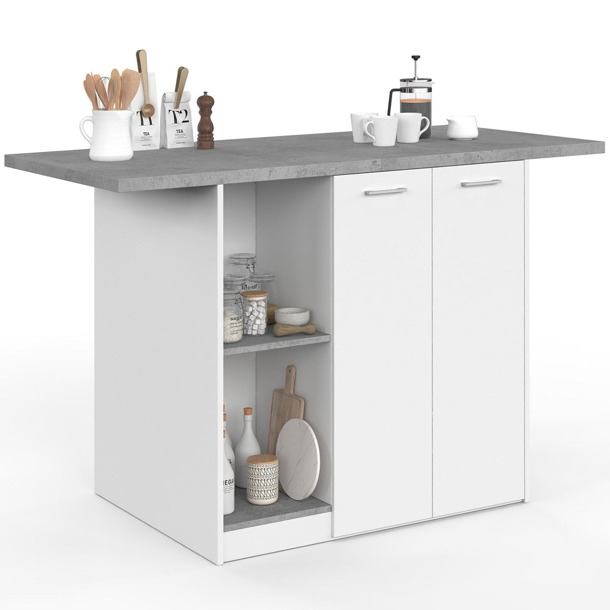 Îlot central BAO 140 cm 4 personnes bois blanc avec plan de travail effet béton