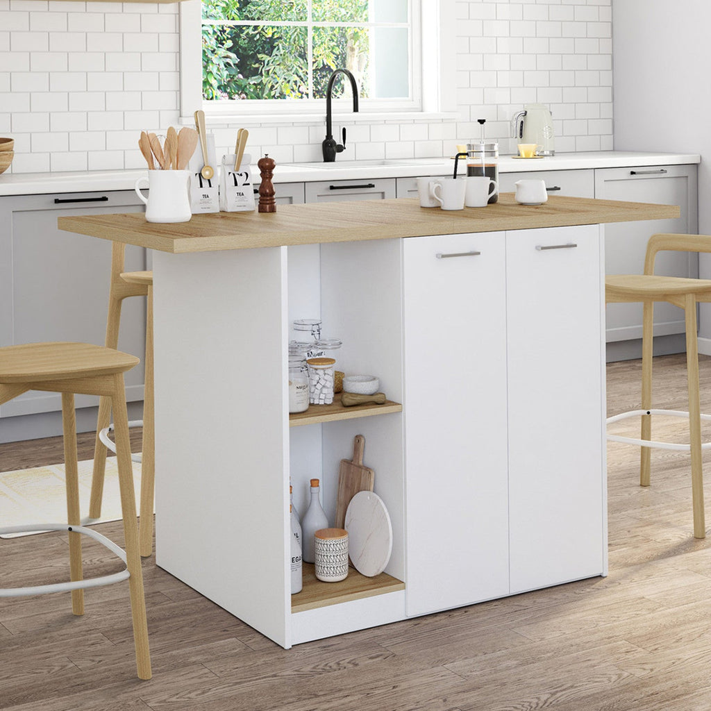 Îlot central BAO 140 cm 4 personnes blanc avec plan de travail façon hêtre