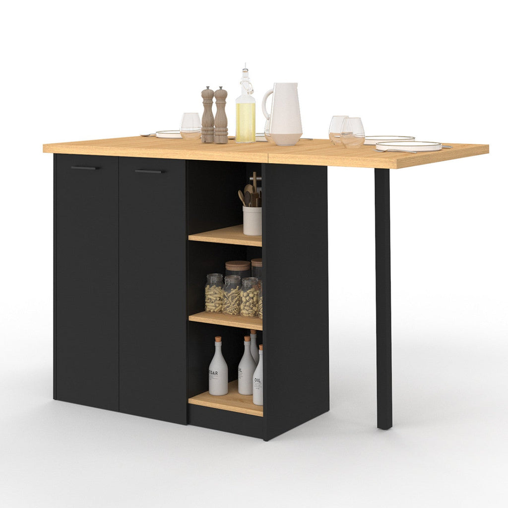 Îlot central CESAR 140 cm pour 5 personnes, bois noir avec plan de travail effet hêtre