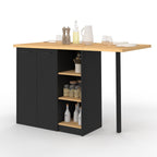 Îlot central CESAR 140 cm pour 5 personnes, bois noir avec plan de travail effet hêtre