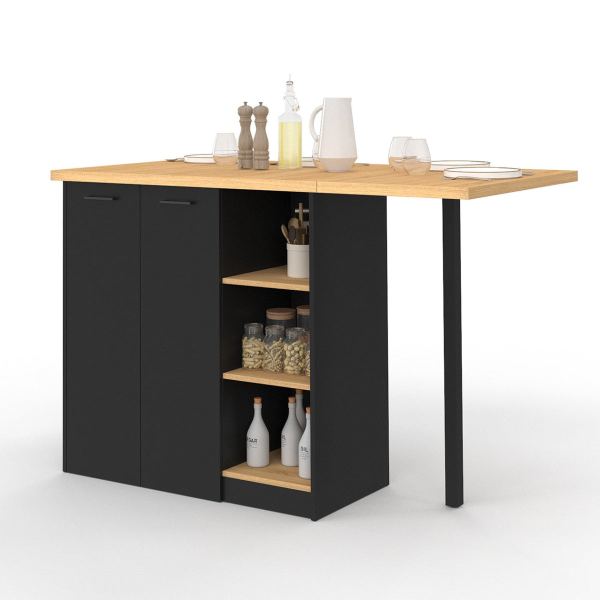 Îlot central CESAR 140 cm pour 5 personnes, bois noir avec plan de travail effet hêtre