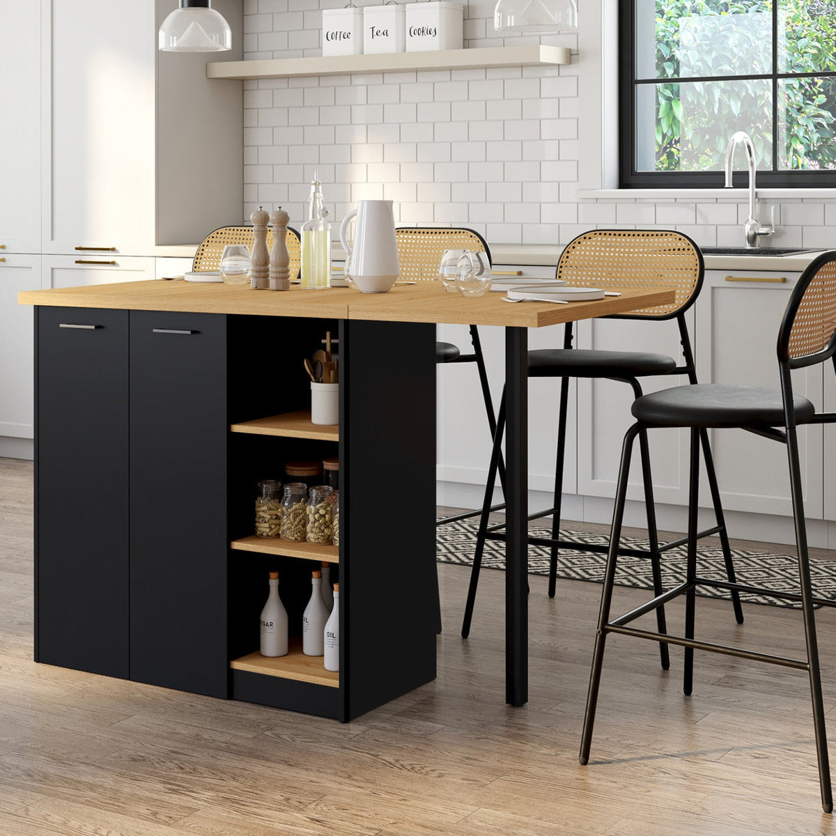 Îlot central CESAR 140 cm pour 5 personnes, bois noir avec plan de travail effet hêtre