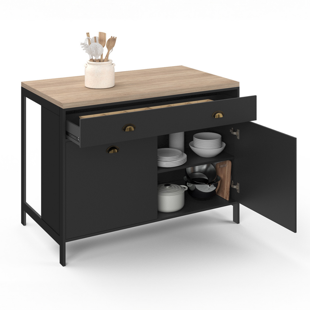 Îlot central 120 cm style campagne ISIS, plateau bois façon hêtre et noir