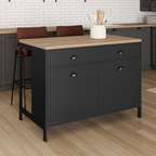 Îlot central 120 cm style campagne ISIS, plateau bois façon hêtre et noir